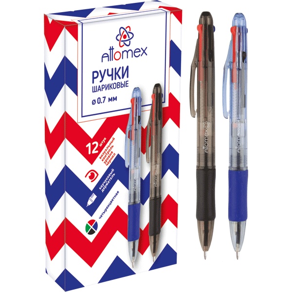 Ручка шариковая автомат., 4-цветная, Ø 0.7 мм, лин. 0.3 мм, эрг. грип, Attomex_4 дизайна Ручка шариковая автомат., 4-цветная, Ø 0.7 мм, лин. 0.3 мм, эрг. грип, Attomex_4 дизайна