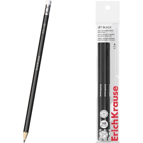 Карандаш чернографитный с ластиком, HB, деревянный, шестигранный, ErichKrause Jet Black (в пакете 4 шт.) Карандаш чернографитный с ластиком, HB, деревянный, шестигранный, ErichKrause Jet Black (в пакете 4 шт.)