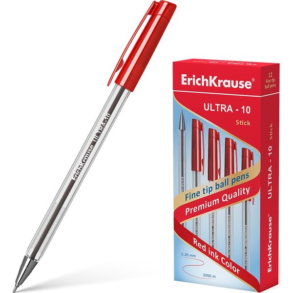 Ручка шариковая красная, 0.7 мм "игла", рифл. упор, метал. н-к, ErichKrause ULTRA-10 Stick Classic