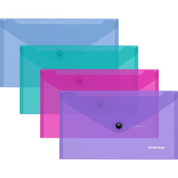 Папка-конверт на кнопке, С6, PP 180 мкм, полупрозрачная, ErichKrause Glossy Vivid_4 цвета Папка-конверт на кнопке, С6, PP 180 мкм, полупрозрачная, ErichKrause Glossy Vivid_4 цвета
