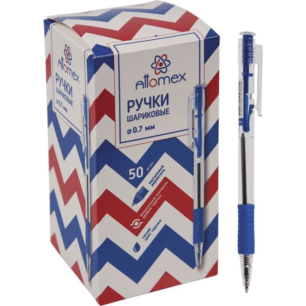 Ручка шариковая автомат., синяя, 0.7 мм, эрг. грип, Attomex (Crystal)