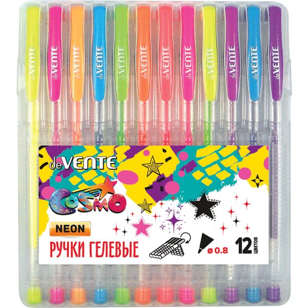Ручки гелевые, набор 12 шт./12 цв., Ø 0.8 мм, лин. 0.4 мм, deVENTE Cosmo Fluo emotions Акция!