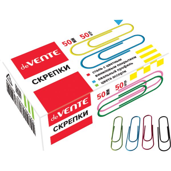 Скрепки 50 мм, цветные, овальные, 50 шт., к/к, deVENTE