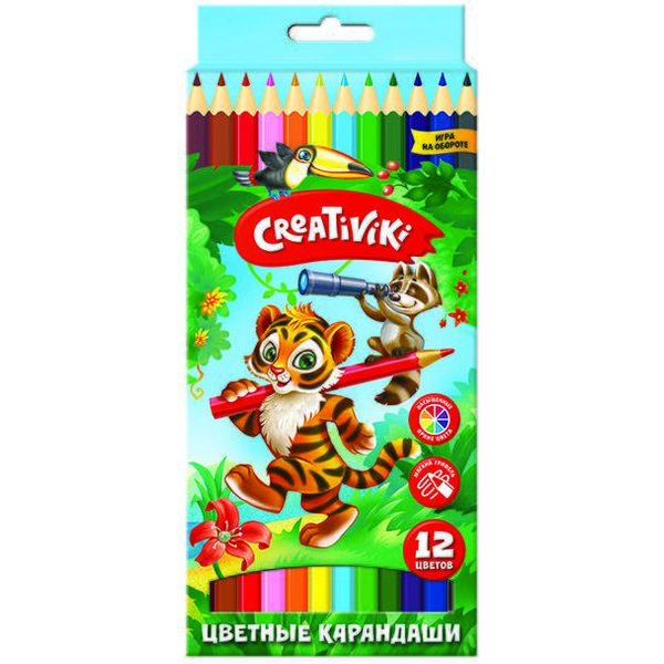 Карандаши цветные 12 шт., деревянные, шестигранные, Creativiki (в к/к)