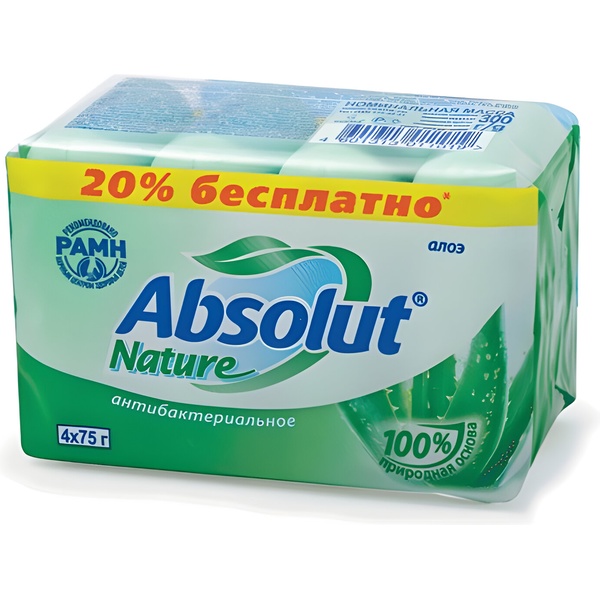 Мыло туалетное антибактериальное ABSOLUT Алоэ вера, 4 шт.* 75 г, ПЭТ
