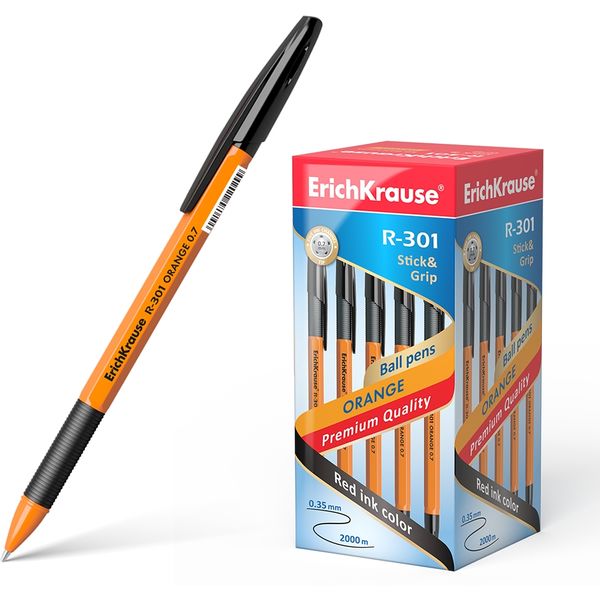 Ручка шариковая черная, 0.7 мм, узел Standard, резин. грип, ErichKrause R-301 Stick&Grip Orange