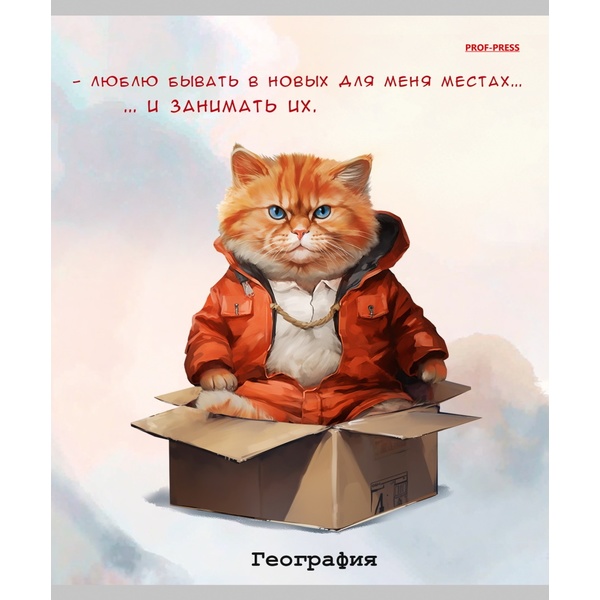 Тетрадь предметная 48 л., клетка, 60 г/м², обл. мел. картон, Prof-Press Жил был кот_География