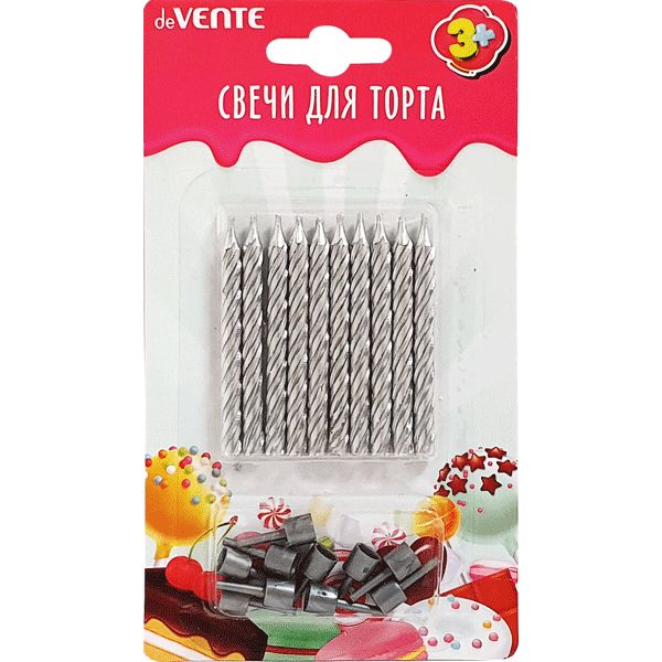 Свечи для торта 10 шт., 10 держателей, deVENTE Silver (спиральные) Свечи для торта 10 шт., 10 держателей, deVENTE Silver (спиральные)