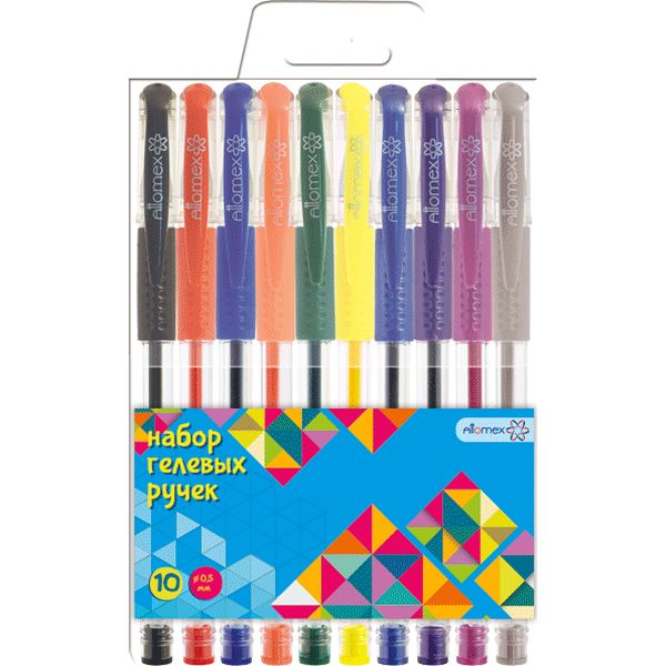 Ручки гелевые, набор 10 шт./10 цв., Ø 0.5 мм, эрг. грип, Attomex Акция!