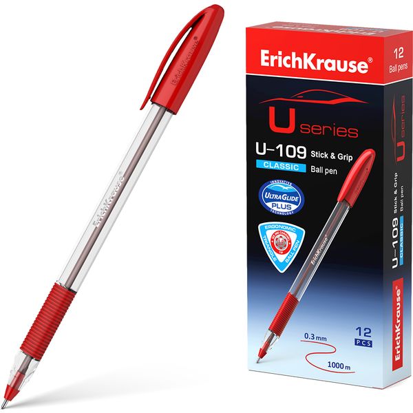 Ручка шариковая красная, 1.0 мм, узел-игла, резин. грип, ErichKrause U-109 Stick&Grip Classic Ручка шариковая красная, 1.0 мм, узел-игла, резин. грип, ErichKrause U-109 Stick&Grip Classic
