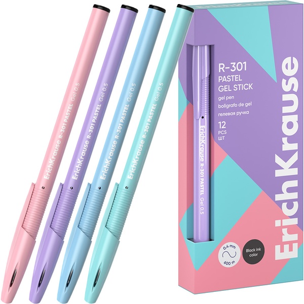 Ручка гелевая черная, 0.5 мм, узел Standard, рифл. грип, ErichKrause R-301 Gel Stick Pastel Ручка гелевая черная, 0.5 мм, узел Standard, рифл. грип, ErichKrause R-301 Gel Stick Pastel