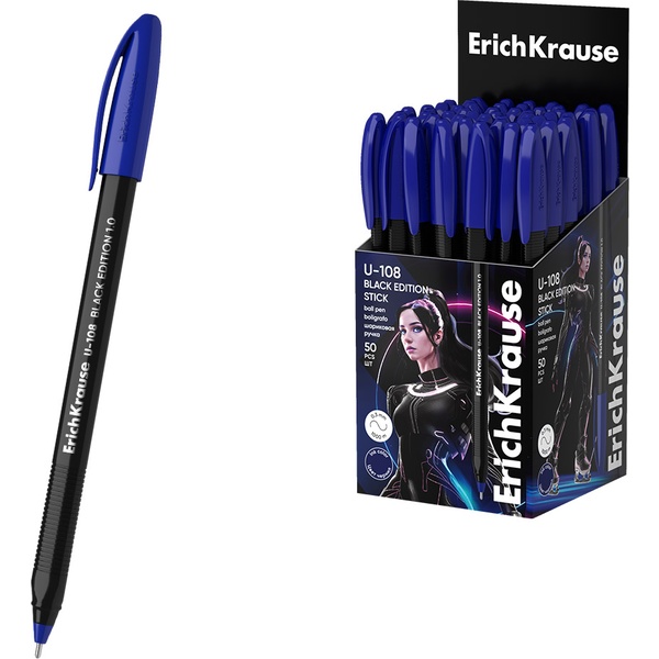 Ручка шариковая синяя, 1.0 мм "игла", рифл. упор, непр. корп., ErichKrause U-108 Stick Black Edition