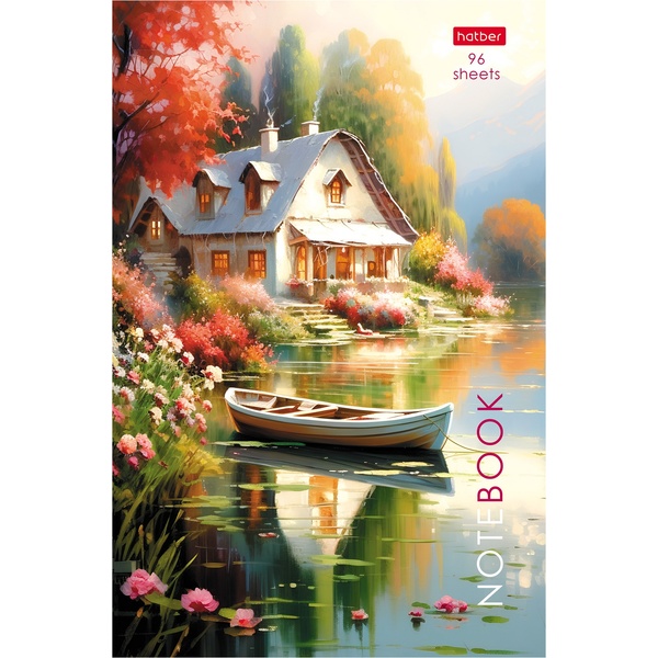 Блокнот на скобе А5, 96 л., клетка, 65 г/м2, глянц. лам., Hatber Дом у озера     Акция!