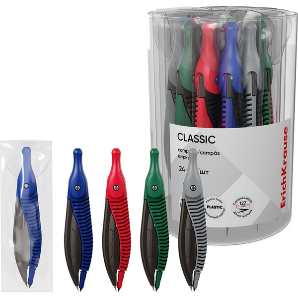 Циркуль пластиковый ErichKrause Classic, 122 мм, R150 мм, ассорти 4 цв., в ПВХ чехле Циркуль пластиковый ErichKrause Classic, 122 мм, R150 мм, ассорти 4 цв., в ПВХ чехле