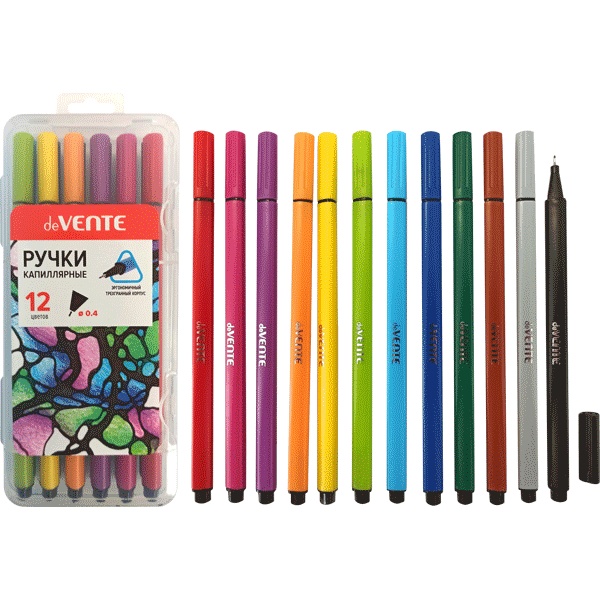 Ручки капиллярные (линеры), набор 12 цветов, лин. 0.4 мм, трехгран. корп., deVENTE Trio BQ