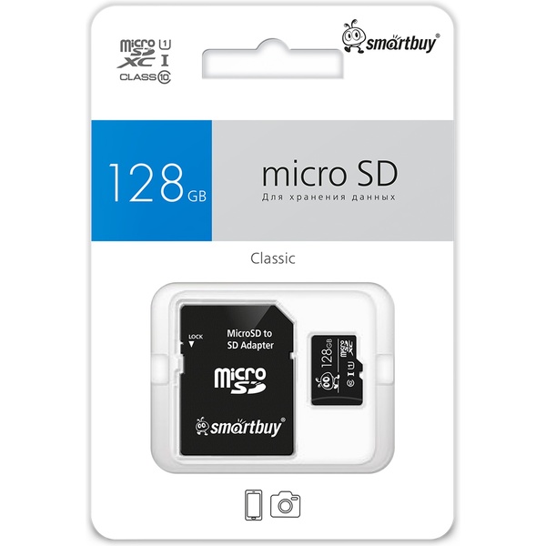 Карта памяти micro SDXC 128 Гб, UHS-1 (class 10), R/W: 90/25 Мб/с, с адаптером, Smartbuy