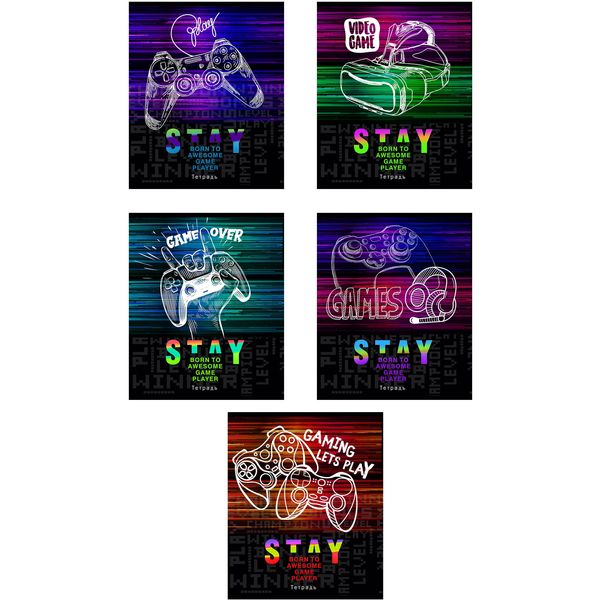 Тетрадь А5, клетка, 48 л., на скобе, 65 г/м², твин-лак, фольга, с/уг, Collezione Аксессуары геймера_5 дизайнов