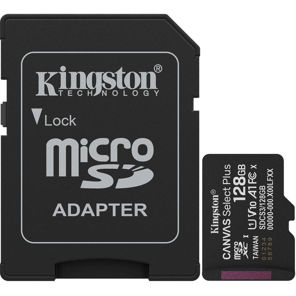 Карта памяти micro SDXC 128 Гб, UHS-1 U1 (class 10), 100 МБ/с, адап., Kingston Canvas Select Plus