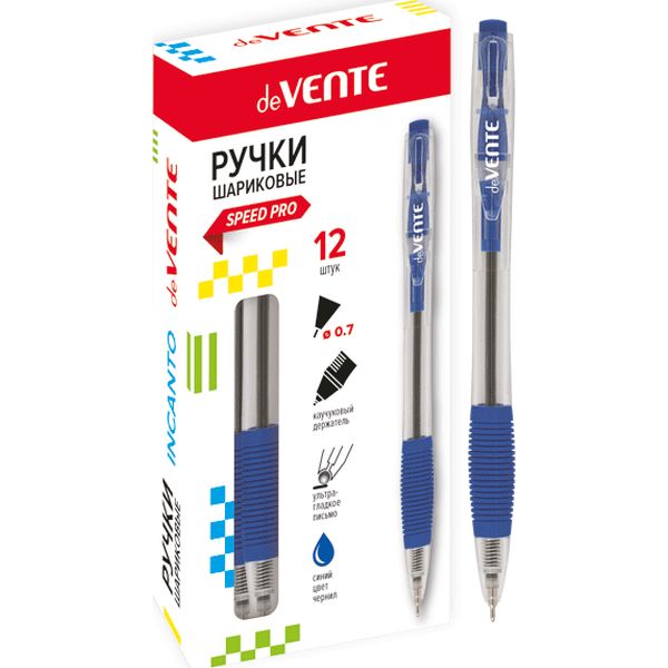 Ручка шариковая автомат., синяя, Ø 0.7 мм "игла", прозр. корп., эрг. грип, speed pro, deVENTE Incanto