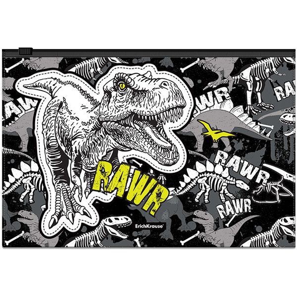 Папка-конверт на zip-молнии, B5, PP 160 мкм, непрозрачная, глянц., ErichKrause Dinosaur  Акция!!!