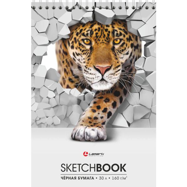 Скетчбук А5, 30 л., 160 г/м², черн. блок, гребень сверху, LAMARK Леопард  Акция!