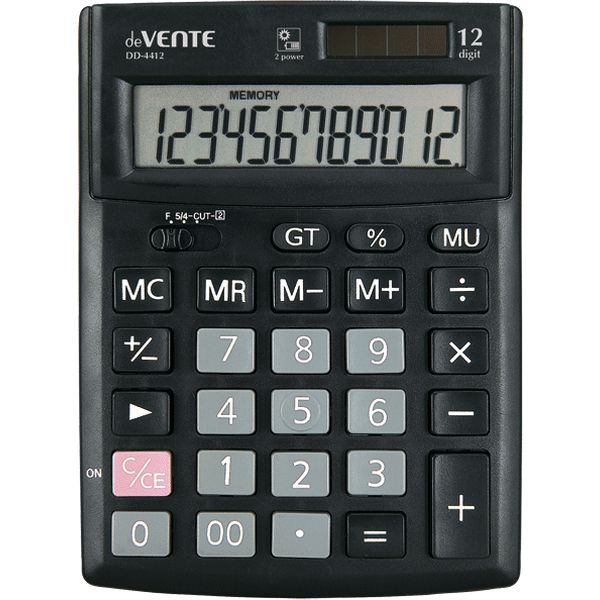 Калькулятор базовый deVENTE DD-4412, 12-разряд., 1 яч. пямяти, дв. питание, 00, →, MU, черный Калькулятор базовый deVENTE DD-4412, 12-разряд., 1 яч. пямяти, дв. питание, 00, →, MU, черный