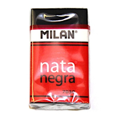 Ластик MILAN Nata Negra 7030, полимер, прямоугольный, 39*24*10 мм, черный, картон. держатель Ластик MILAN Nata Negra 7030, полимер, прямоугольный, 39*24*10 мм, черный, картон. держатель