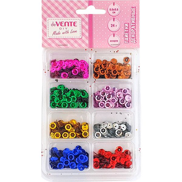 Пайетки круглые Ø6 мм, 24 г, 8 цветов, deVENTE Metallic (в п/футляре)