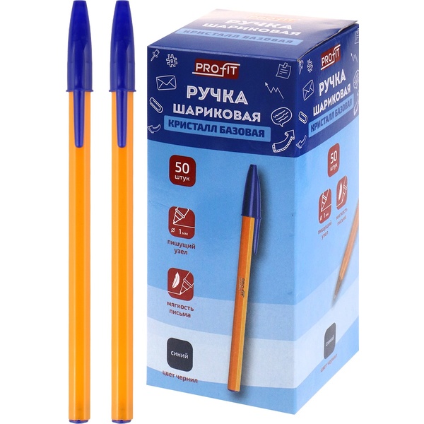 Ручка шариковая, синяя, Ø 1.0 мм, метал. н-к, оранжевый корп., PROFIT Кристалл базовая