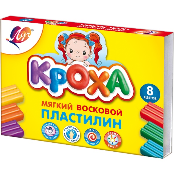 Пластилин восковой ЛУЧ Кроха: 8 цветов, брусок 15 г, стек (к/к)