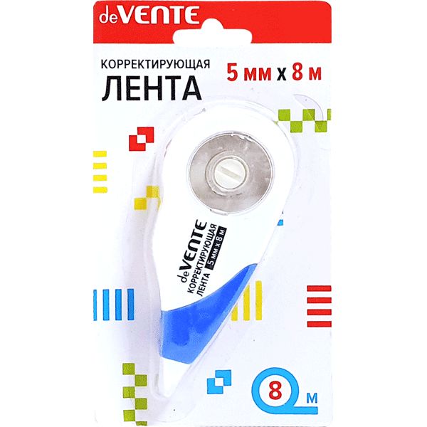 Лента корректирующая 5 мм*8 м deVENTE, непрозр. бело-синий корпус, фронтальный аппликатор, блистер Лента корректирующая 5 мм*8 м deVENTE, непрозр. бело-синий корпус, фронтальный аппликатор, блистер