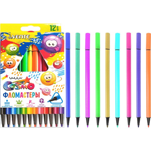 Фломастеры 12 цветов, чернила в/о, вент. колпачок, трехгранные, ШЛ 1 мм, deVENTE Cosmo (к/к)