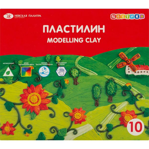 Пластилин классический ЦВЕТИК: 10 цветов, брусок 15 г, стек (к/к)