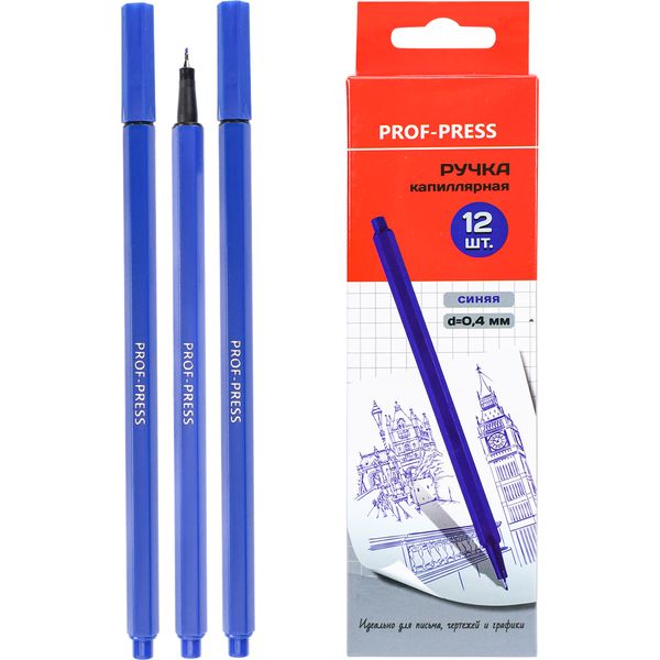 Ручка капиллярная (линер), синяя, Ø 0.4 мм, шестигран. корп., Prof-Press