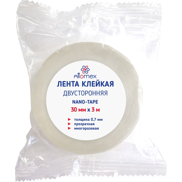 Лента клейкая двусторонняя, многоразовая, 30 мм * 3 м, 0.7 мм, прозрачная, Attomex Nano tape