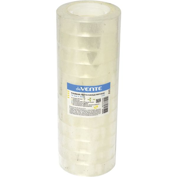 Лента клейкая канцелярская 12 мм * 33 м, 35 мкм, прозрачная, пластик. втулка deVENTE Лента клейкая канцелярская 12 мм * 33 м, 35 мкм, прозрачная, пластик. втулка deVENTE