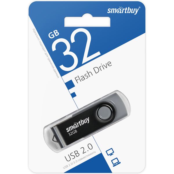 Флеш-накопитель USB 2.0, 32 ГБ, Smartbuy Twist Black-Grey/черно-серый Флеш-накопитель USB 2.0, 32 ГБ, Smartbuy Twist Black-Grey/черно-серый