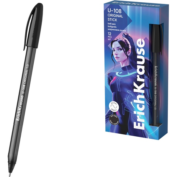 Ручка шариковая черная, 1.0 мм "игла", рифл. упор, тон. корп., ErichKrause U-108 Stick Original