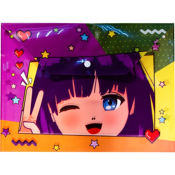 Папка-конверт на кнопке, А4, PP 180 мкм, непрозрачная,  Аниме Акция!