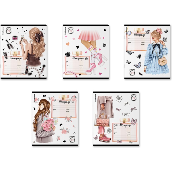 Тетрадь 24 л., клетка, 60 г/м2, обл. мел. картон, выб. лак, глиттер, ErichKrause Fashion Girl_MIX-PACK Тетрадь 24 л., клетка, 60 г/м2, обл. мел. картон, выб. лак, глиттер, ErichKrause Fashion Girl_MIX-PACK