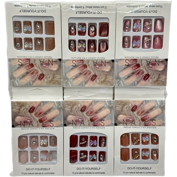 Ногти накладные "NAILS" с бантиками и стразами, в карт. коробке, в ассорти