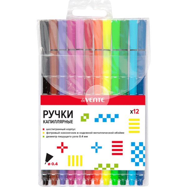 Ручки капиллярные (линеры), набор 12 цветов, лин. 0.4 мм, шестигран. корп., deVENTE 