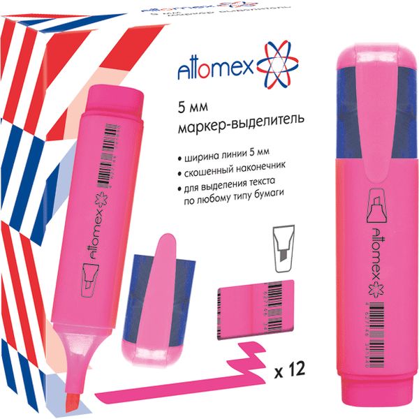 Текстмаркер розовый, неоновый, ШЛ 1-5 мм, н-к "клин", Attomex