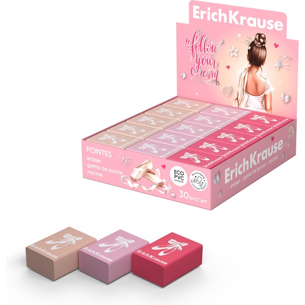 Ластик ErichKrause Pointes, Eco-PVC, прямоугольный, 33*22*13 мм, 3 дизайна