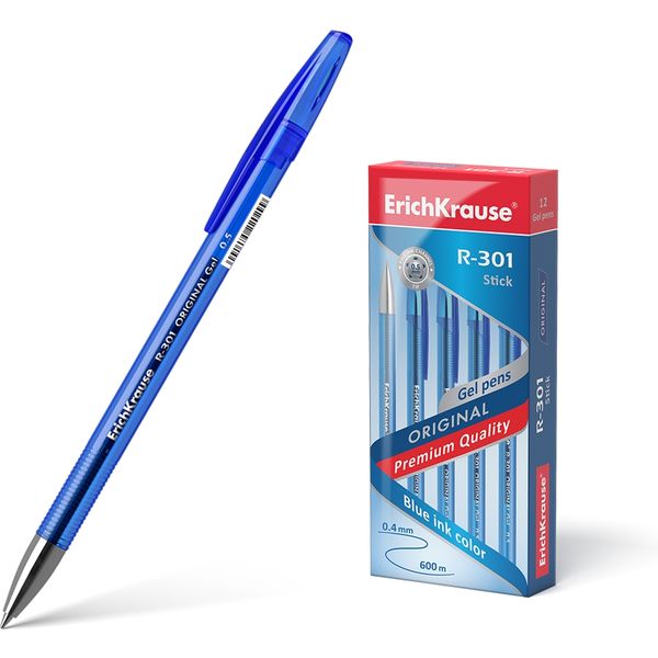Ручка гелевая синяя, Ø 0.5 мм, лин. 0.4 мм, ДП 600 м, рифл. упор, ErichKrause R-301 Gel Stick Original