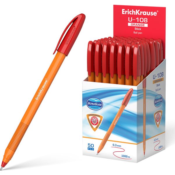 Ручка шариковая красная, 1.0 мм, узел-игла, грип, ErichKrause U-108 Stick Orange