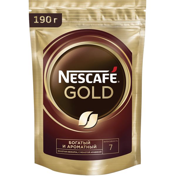 Кофе молотый в растворимом NESCAFE (Нескафе) "Gold", сублимированный, 190 г, мягкая упаковка, 124030