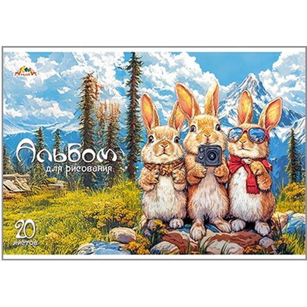 Альбом для рисования А4, 20 л., скоба, 100 г/м², обл. мел. карт., вд-лак, АППЛИКА Зайчата