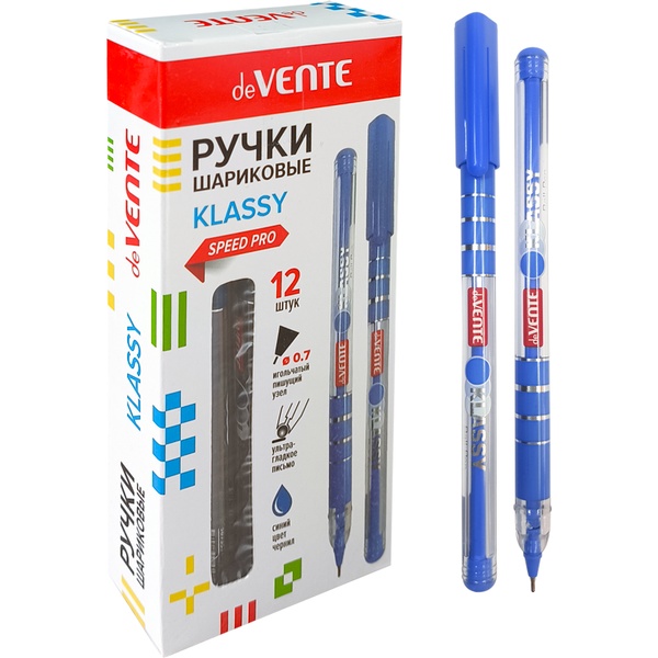 Ручка шариковая синяя, 0.7 мм, н-к "игла", прозр. корп.с цветным дизайном, deVENTE Klassy