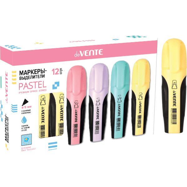 Текстмаркер желтый, пастельный, ШЛ 1-5 мм, н-к "клин", эрг. корпус, deVENTE Pastel